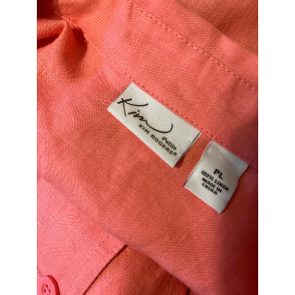 Kim Rogers 100% Linen Blouse Tunic Top Coral LG Petite Button Down Long Sleeves - Picture 8 of 9
